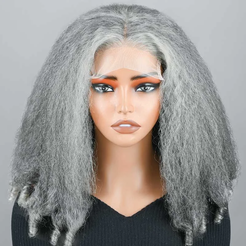 real person hair ring creation gift-Kinky Straight And Curly 2-in-1 Hairstyle Standard Salt And Pepper 5x5 Lace Closure Human Hair Wigs