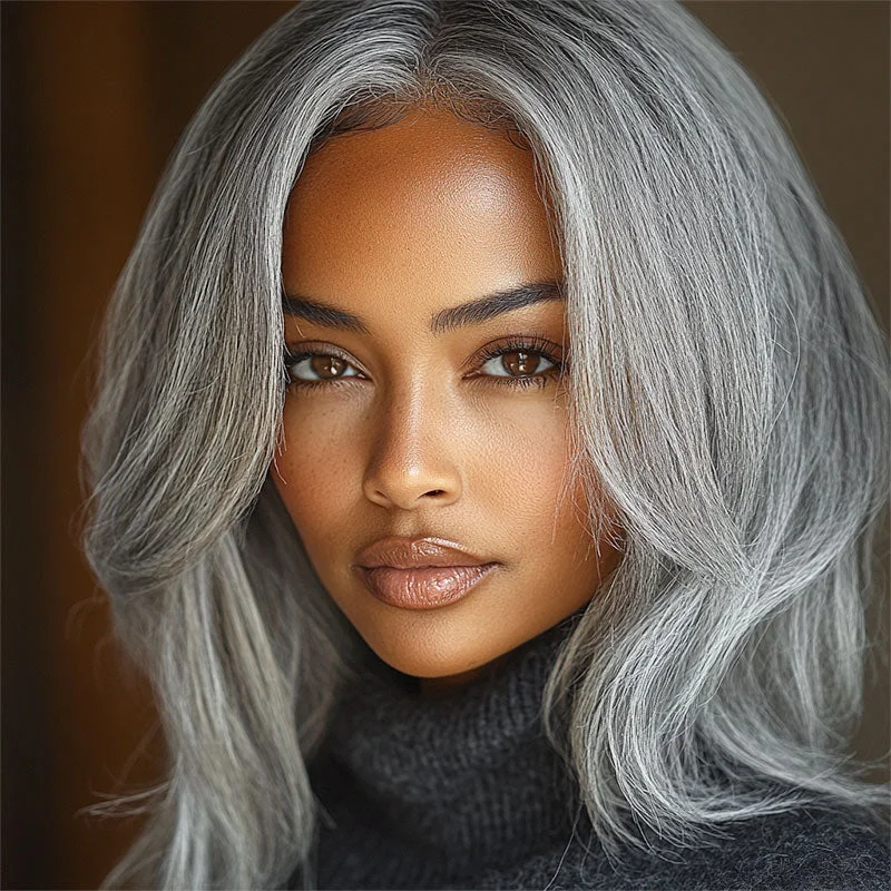 real person hair ring digital band-New Fashion Gray Full Frontal 13x4.5 HD Lace Wig Straight Human Hair Standard Salt And Pepper Wig