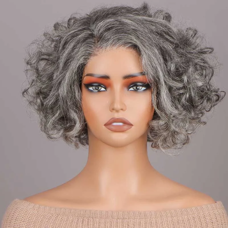 real person hair ring custom treasure-Seniors Gray Wig 5x5 HD Lace Standard Salt And Pepper Loose Curly Bob Real Human Hair Wigs For Older Women