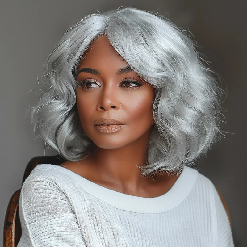 real person hair ring forever ring-Seniors Pale Gray Wig 5x5 HD Lace Real Human Hair Light Salt And Pepper Loose Wavy Wigs For Older Women