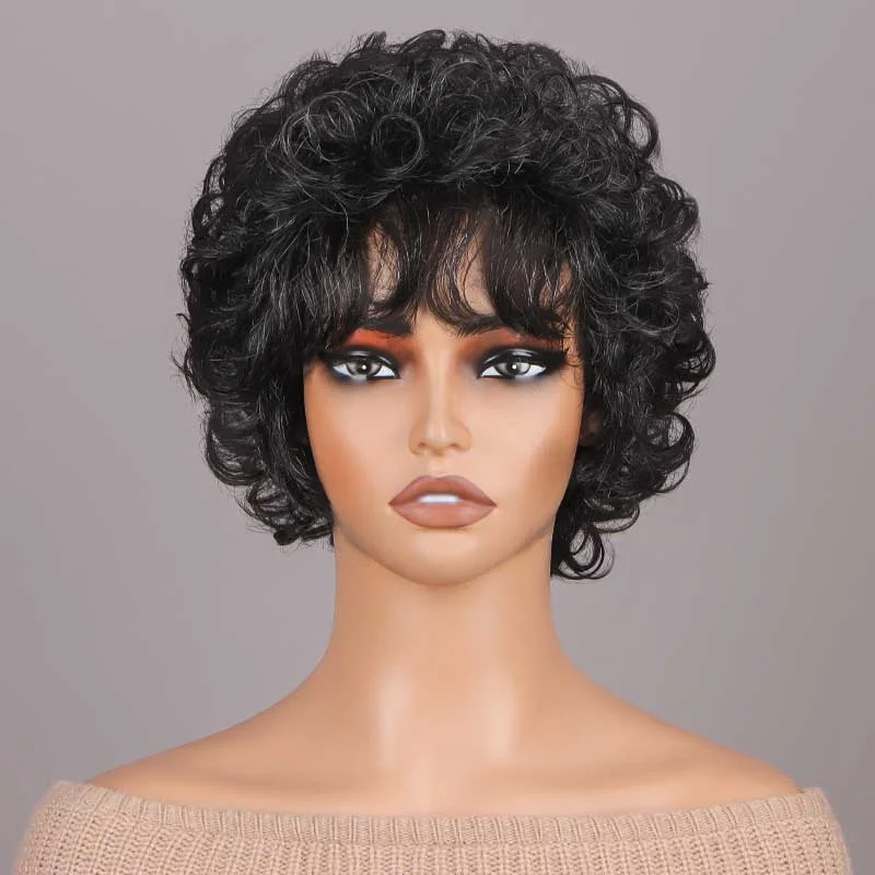 real person hair ring hand-numbered band-Dark Salt & Pepper Short Curly Layered Pixie Cut Wig Human Hair Ready To Go Glueless Wigs