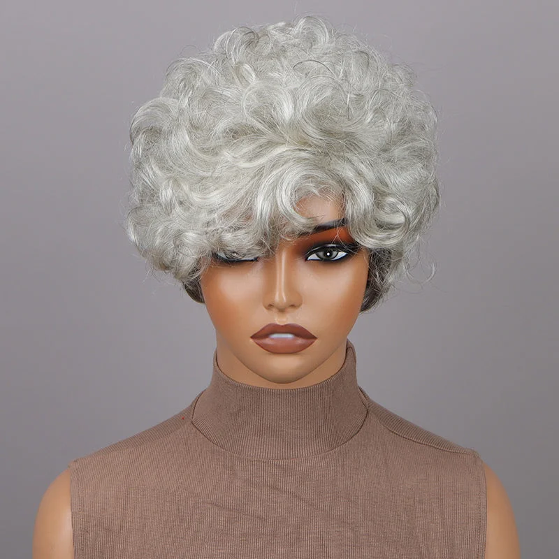 real person hair ring ceremony gift-Seniors Short Curly Silver Layered Pixie Cut Wig Salt And Pepper Human Hair Glueless Wigs