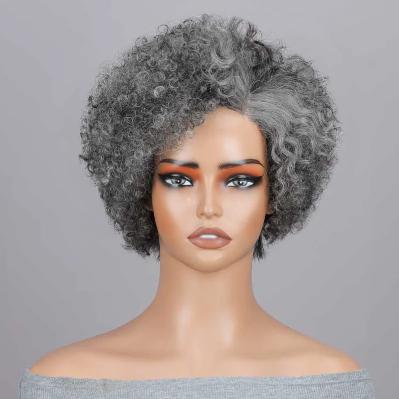 real person hair ring premium ring-Seniors Short Jerry Curly Silver Pixie Cut Wig Salt and Pepper 4x1 Lace Glueless Human Hair Wig