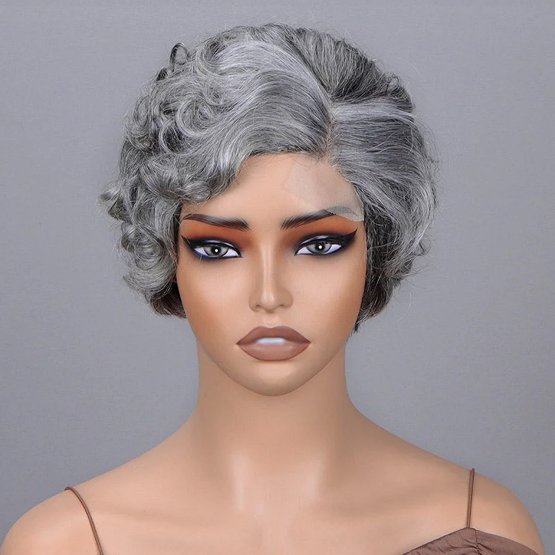 real person hair ring retirement ring-Seniors Short Edgy Pixie Haircuts Salt & Pepper Wig Natural Wave Human Hair Glueless Minimalist Lace Part Gray Wigs For Older Women-GPXW004C