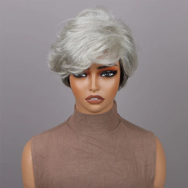 real person hair ring personal gift-Seniors Short Straight Silver Layered Pixie Cut Wig Light Salt And Pepper Human Hair Glueless Wigs