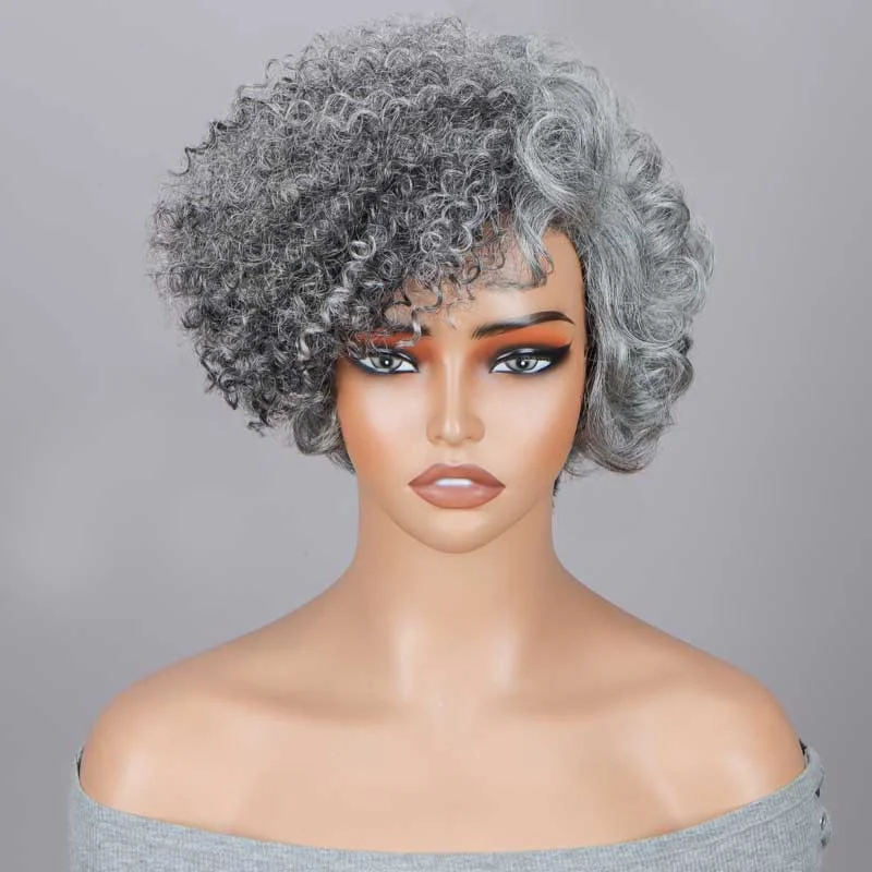 real person hair ring gorgeous gift-Seniors Short 2-in-1 Curly Silver Layered Pixie Cut Wig – Salt And Pepper Human Hair No-Lace Glueless Wig for Women