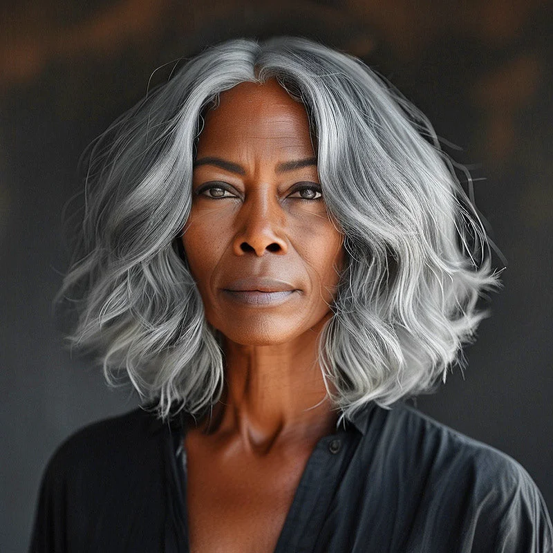 real person hair ring travel treasure-Seniors Silver Gray Wig Real Human Hair Salt And Pepper Natural Wavy 5x5 HD Lace Wigs For Older Women