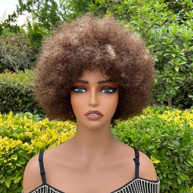 real person hair ring single ring-Short Highlight Fluffy Afro Kinky Curly Wig With Bangs Human Hair P4/27 Ombre Glueless Wig