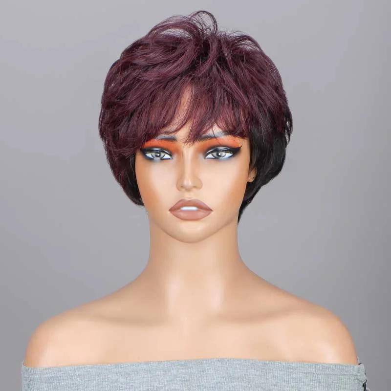 real person hair ring charming craft-Black And Burgundy Short Natural Wave Layered Pixie Cut Wig No-Lace Human Hair Glueless Wigs