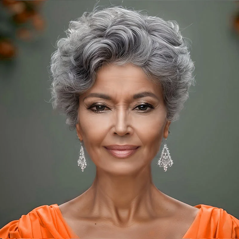 real person hair ring cheap treasure-Short Silver Grey Pixie Cut Wig Natural Wave Human Hair Salt And Pepper Glueless Wigs For Older Women-GPXW001C