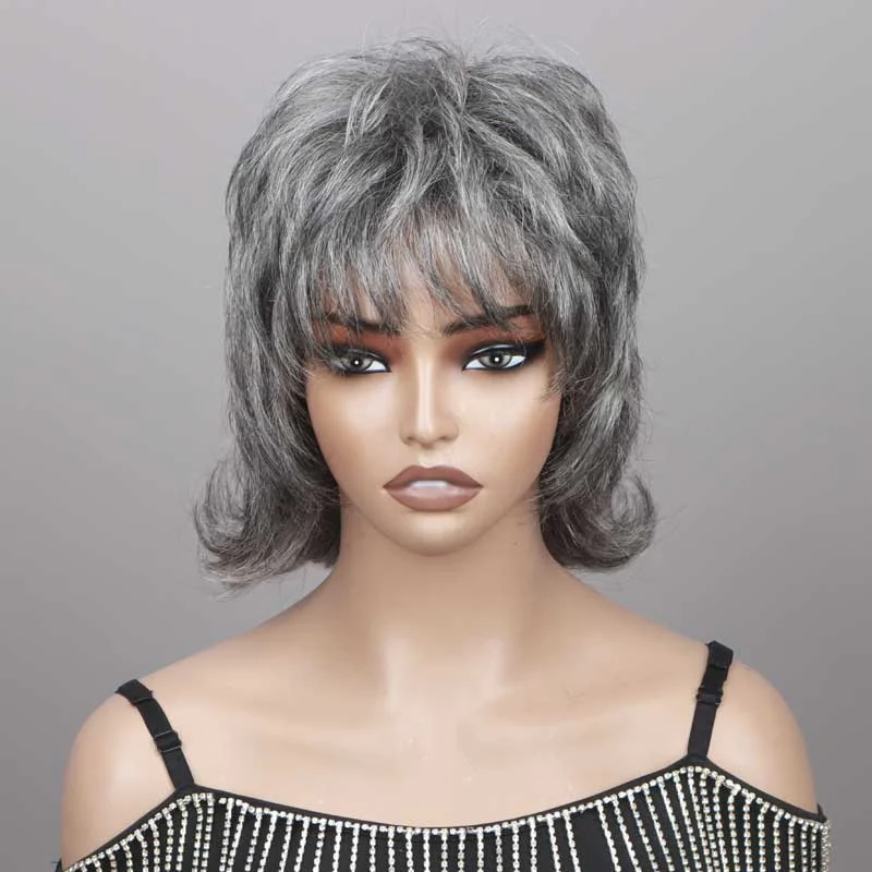 real person hair ring throwback ring-Silver Chic Gray Shaggy Mullet Hairstyle Salt & Pepper No-Lace Human Hair Wigs for Women