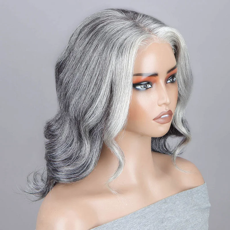 real person hair ring passion ring-Silver Chic Gray Wig Natural Wavy Human Hair Salt & Pepper Color 5x5 HD Lace Wigs For Women