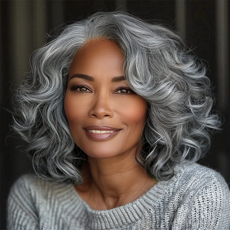 real person hair ring gathering band-Silver Fox Big Loose Wave Bob Salt & Pepper Human Hair HD Lace Wigs For Women Over 60