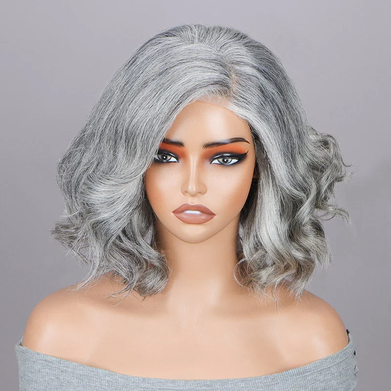 real person hair ring mid-tier treasure-Elegant Silver Gray Loose Wavy Bob For Seniors Real Salt & Pepper Human Hair 5x5 HD Lace Wigs For Women