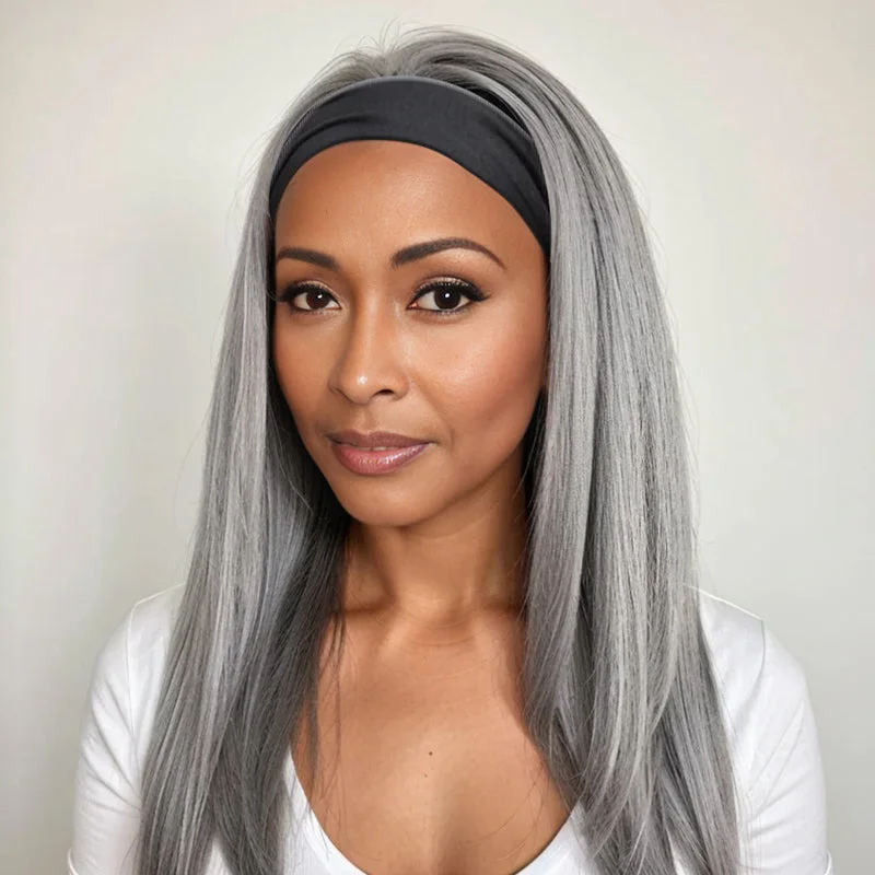 real person hair ring regional band-Silver Gray Straight Hair Headband Wig Real Human Hair Glueless Wigs For Women