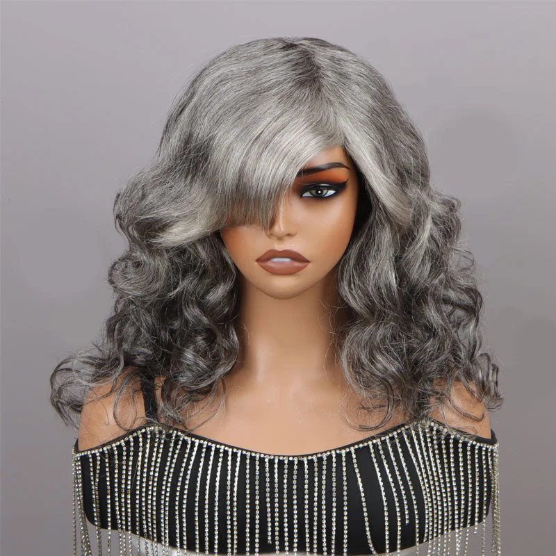 real person hair ring vintage treasure-Salt And Pepper Wig Body Wave Real Silver Grey Human Hair Glueless Wigs For Women