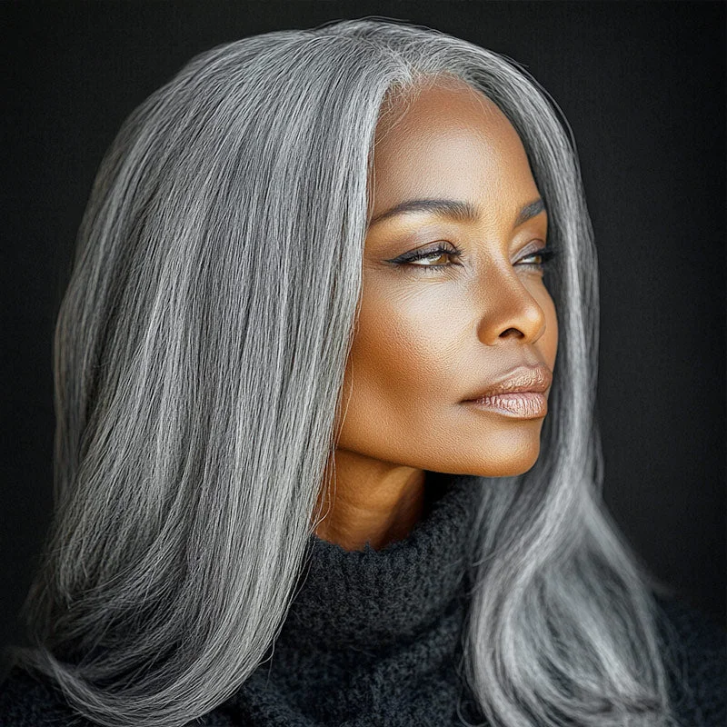 real person hair ring bulk treasure-Silver Luxe Gray 13x4.5 HD Lace Full Frontal Wig Straight Human Hair Salt And Pepper Wig For Women