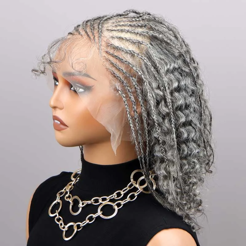 real person hair ring easy gift-Silver Luxe Gray Pre Braided Jerry Curly 13x4.5 HD Lace Full Frontal Wig Salt And Pepper Human Hair Wig For Older Women