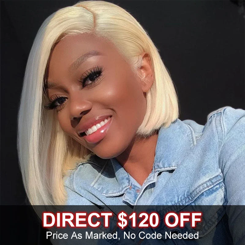 real person hair ring all-weather craft-Flash Sale $120 Off #613 Barbie Blonde Straight Bob 13x4 Lace Frontal Human Hair Wigs With Pre-Plucked Hairline