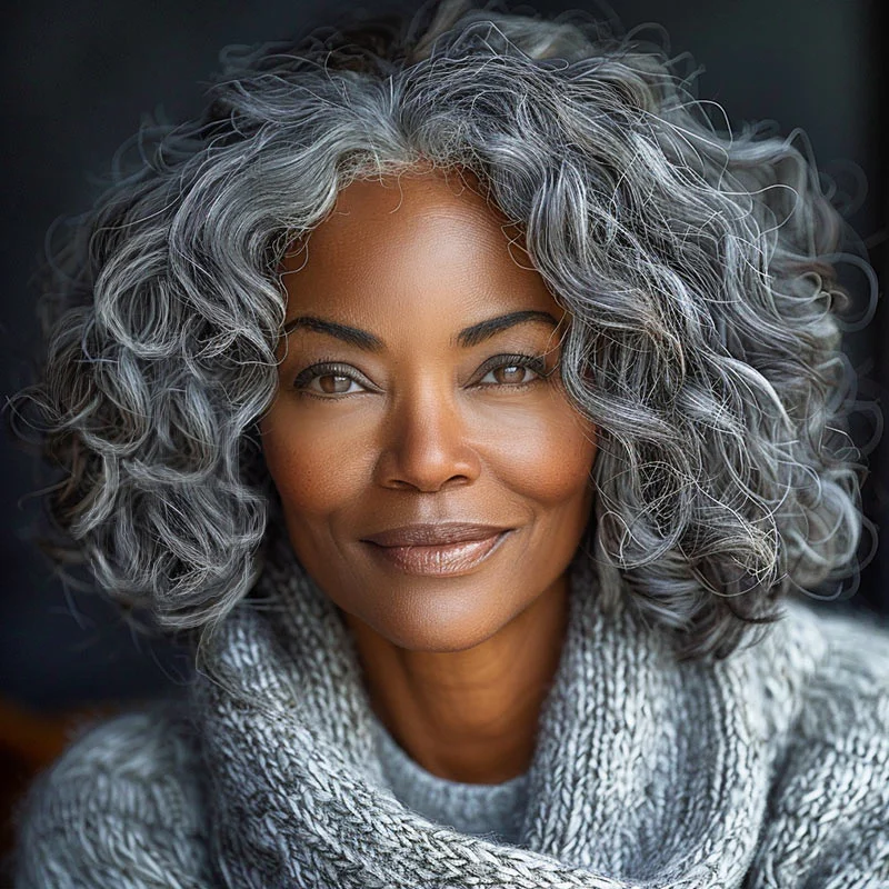 real person hair ring versatile craft-Big Loose Curly Silver Grey Wig For Seniors Medium Salt & Pepper Human Hair 4x4 Lace Bob Wigs For Women