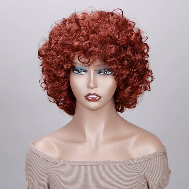 real person hair ring subscriber treasure-Rich Copper Red Bouncy Rose Curl Short Bob Wig With Bangs Human Hair Glueless Wear And Go Wigs