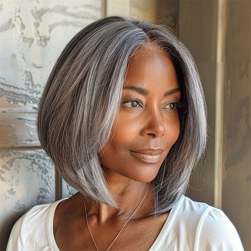 real person hair ring grandparent craft-Chic Silver Gray Straight Bob Beginner Friendly Salt and Pepper Real Human Hair 4x4 Lace Glueless Wigs For Seniors