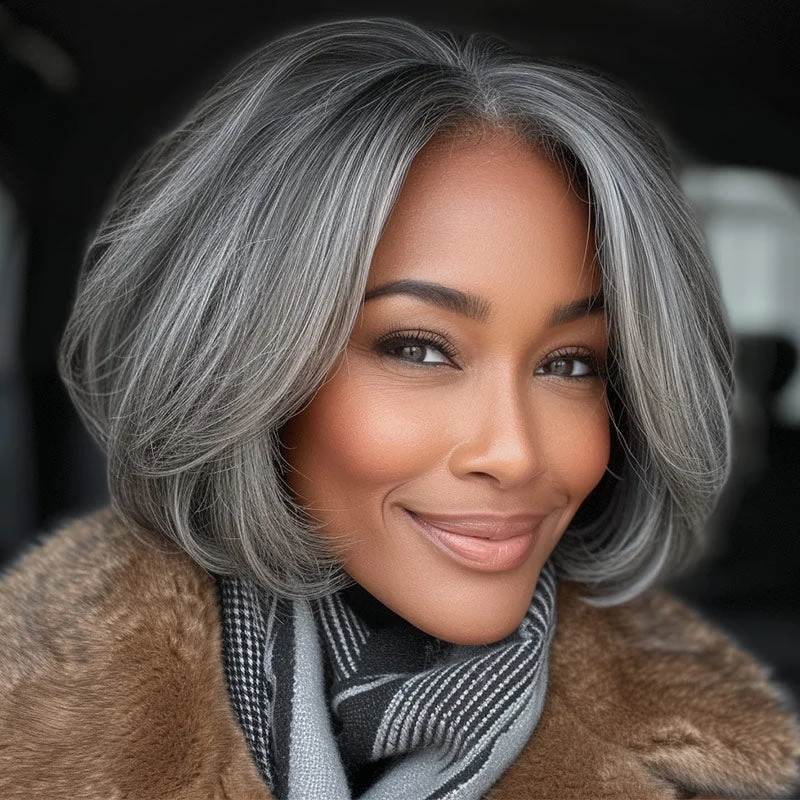 real person hair ring core treasure-Classic Women's Hairstyle Salt and Pepper Straight Bob Real Human Hair Wear Go Glueless Lace Wigs For Mom