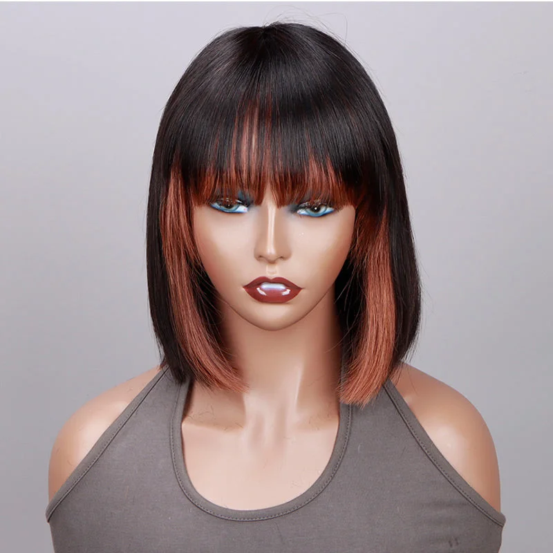 real person hair ring seasonal offer-Copper Red Money Piece Highlight Straight Bob Wig With Bangs Quick Wear And Go Glueless Human Hair Wigs