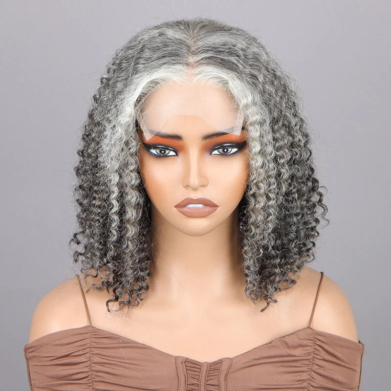 real person hair ring subscriber treasure-Dark Grey Wig For Seniors Salt And Pepper Color Kinky Curly Human Hair 5x5 HD Lace Bob Wigs