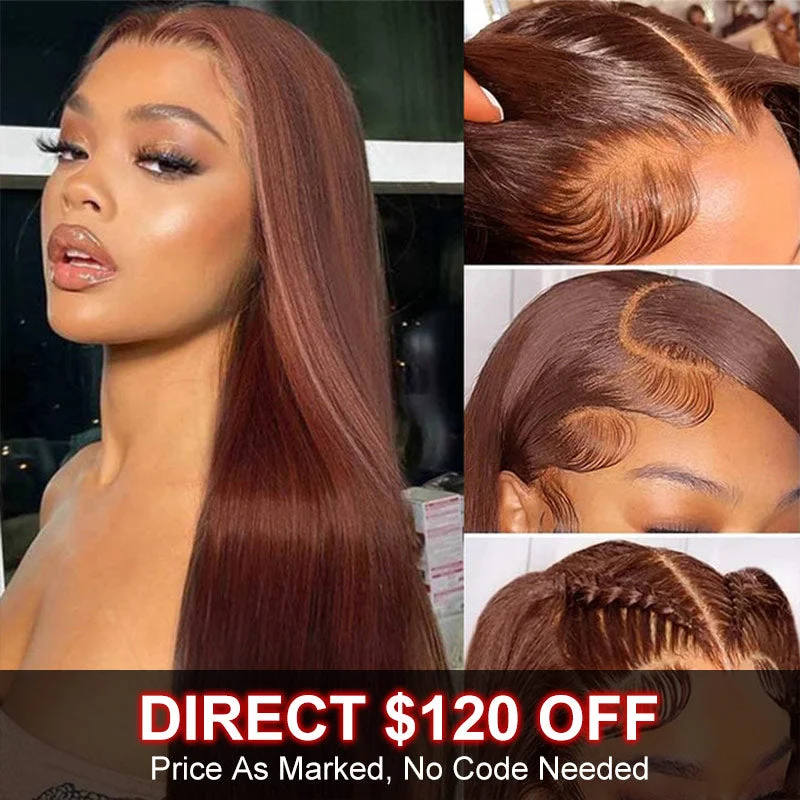 real person hair ring wear gift-Flash Sale $120 Off #33 Reddish Brown Straight HD Lace Wig Auburn Copper Color Human Hair Wigs