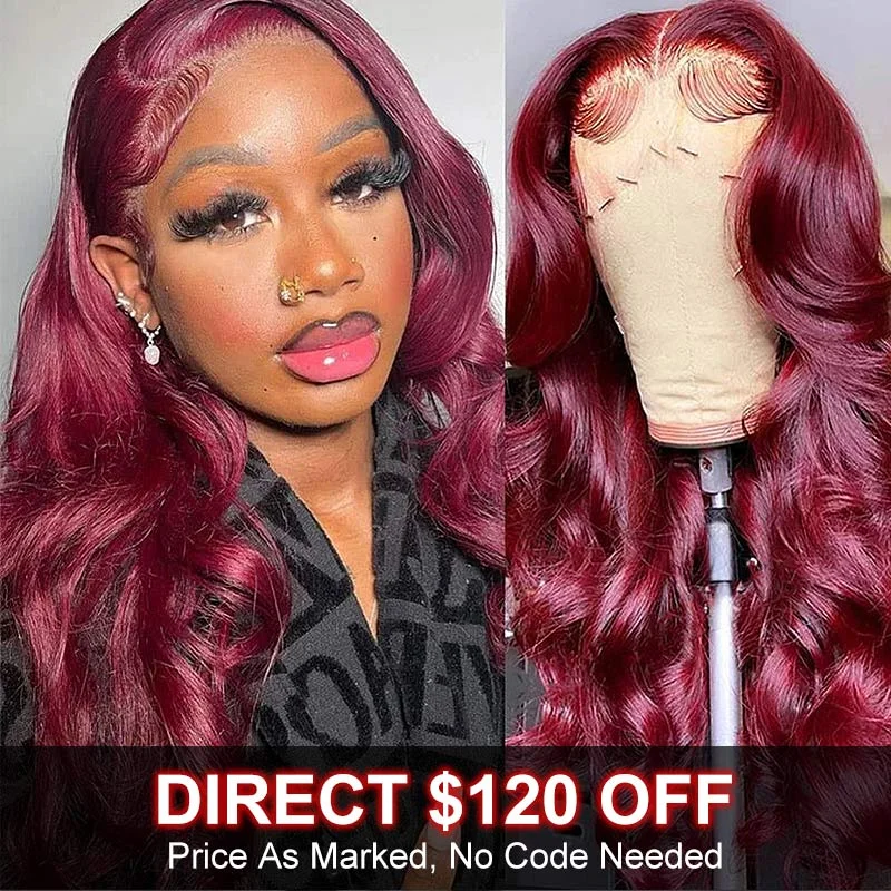 real person hair ring outdoor gift-Soul Lady Flash Sale $120 Off Burgundy Hair Body Wave Lace Wig Real Human Hair Pre Plucked Hairline