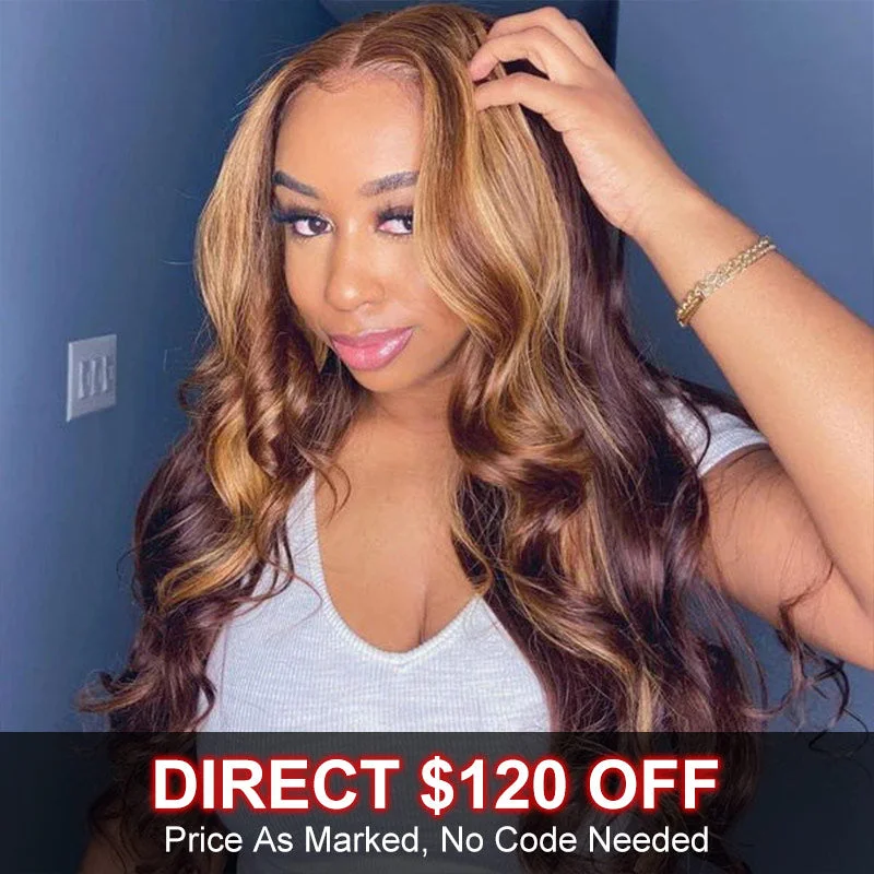 real person hair ring foundation craft-Flash Sale $120 Off P4/27 Body Wave Brown Lace Front Wigs With Honey Blonde Highlight Real Human Hair Lace Closure Wigs