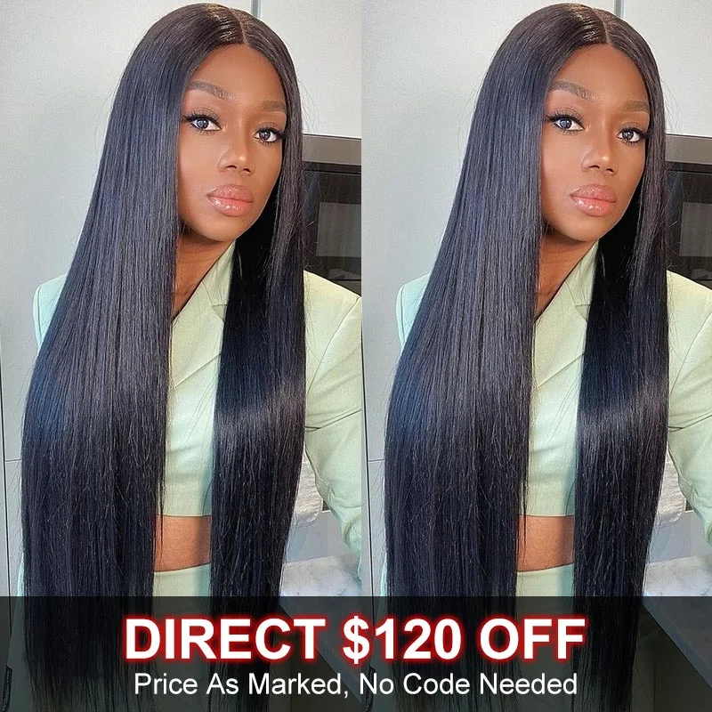 real person hair ring short band-Flash Sale $120 Off Silky Straight Hair 4x4 Lace Closure Wig Real Human Hair Glueless & Pre Plucked Hairline