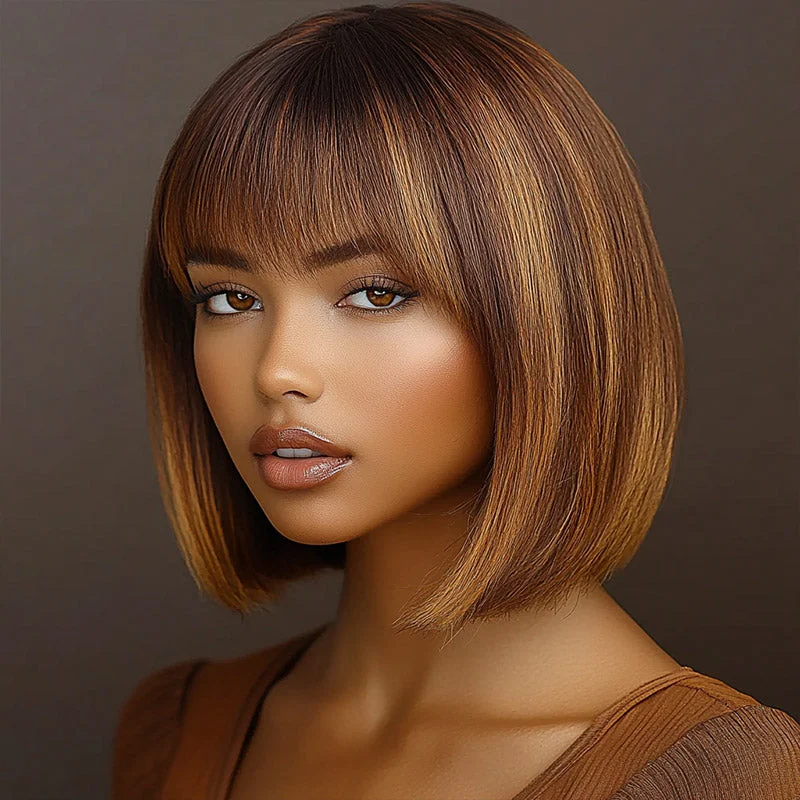 real person hair ring party treasure-Caramel Brown Highlight Bob Wig With Bangs Short Straight Human Hair Glueless 4x4 Lace Closure Wigs