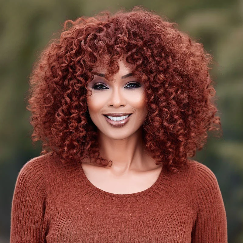 real person hair ring travel treasure-Red Copper Short Afro Bouncy Curly Wig With Bangs Real Human Hair Glueless Wear Go Non-Lace Wigs