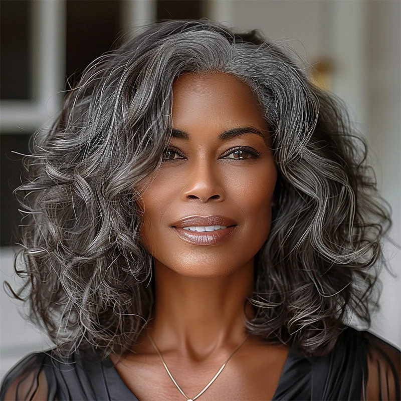 real person hair ring cyber monday band-Seniors Salt And Pepper Wig Natural Grey Loose Wave Bob Real Human Hair Wear Go HD Lace Wigs For Mom