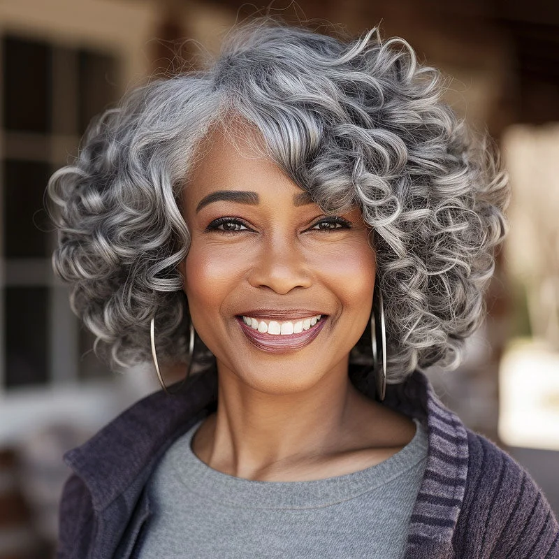 real person hair ring refined band-Salt N Pepper Seniors Wig Big Bouncy Curly Bob Silver Grey Human Hair 4x4 HD Lace Wigs For Older Women