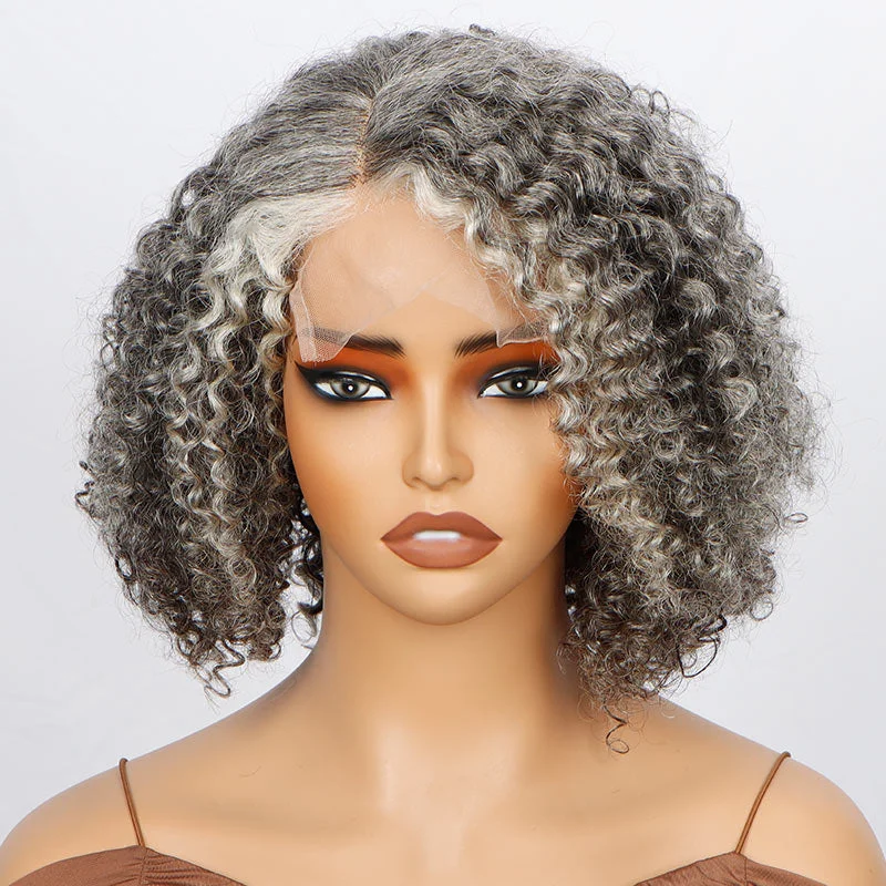 real person hair ring flash gift-Seniors Salt And Pepper Wig Short Jerry Curly Bob Real Grey Human Hair Lace Wigs For Women