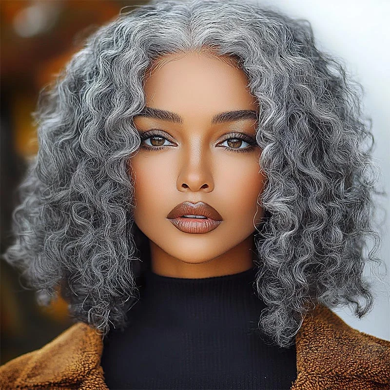 real person hair ring bulk treasure-Seniors Salt And Pepper Wig Water Wave More Grey Human Hair 5x5 HD Lace Bob Wigs