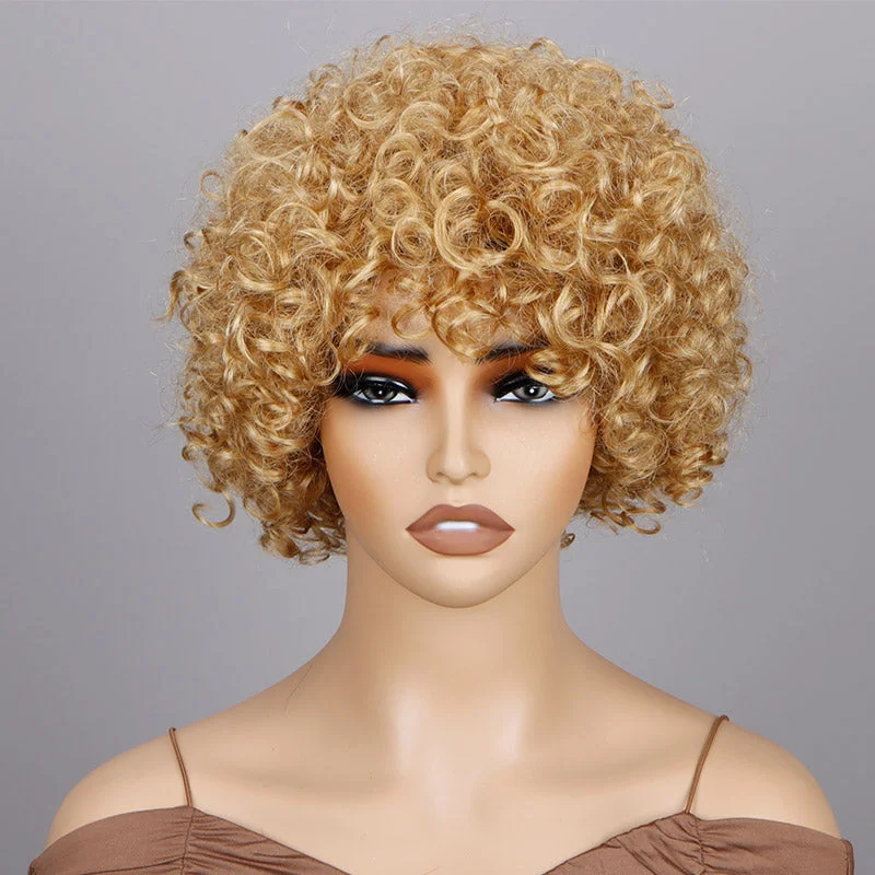 real person hair ring old-fashioned craft-Soul Lady Short Afro Wigs Golden Blonde Boom Bouncy Curly Wig Real Human Hair Glueless Wear And Go Wigs