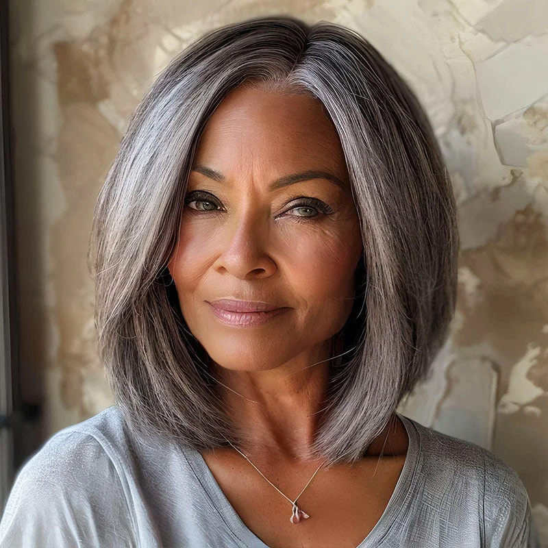 real person hair ring year-round ring-Silver Grey Straight Blunt Cut Bob For Seniors Real Human Hair Salt And Pepper 5x5 HD Lace Wigs For Women