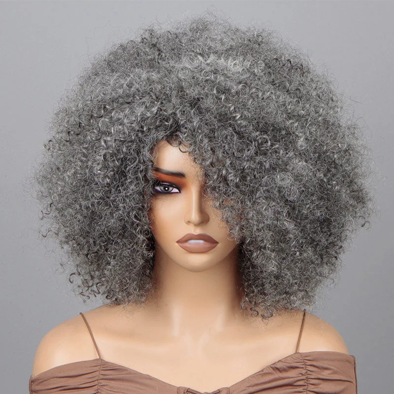 real person hair ring pop-up gift-Silver Grey Wig For Seniors Beginner Friendly Salt and Pepper Color Afro Kinky Curly Human Hair Wear and Go Wig