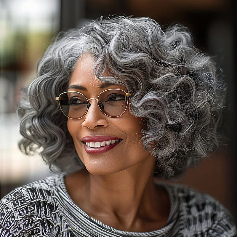 real person hair ring elite craft-Silver Gray Loose Curly Wig For Seniors Salt & Pepper Human Hair Custom Bob Wigs For Women Over 60