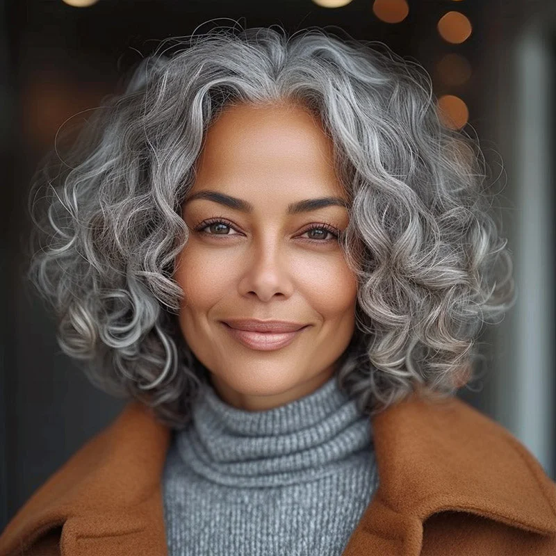 real person hair ring minimalist ring-Silver Gray Big Loose Curly Bob For Seniors Salt & Pepper Human Hair Lace Wigs For Women Over 60