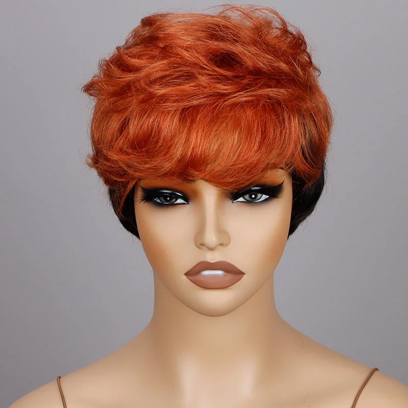 real person hair ring essential ring-Two-Toned Edgy Pixie Haircut With Orange Layers Natural Wave Human Hair WearGo Glueless Non-Lace Wig