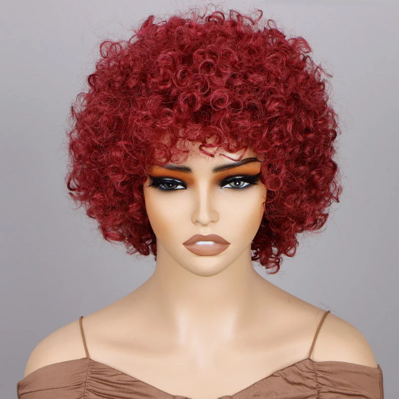 real person hair ring travel ring-Vermilion Red Short Bouncy Curly Wig With Bangs Real Human Hair Glueless Wear And Go Wigs