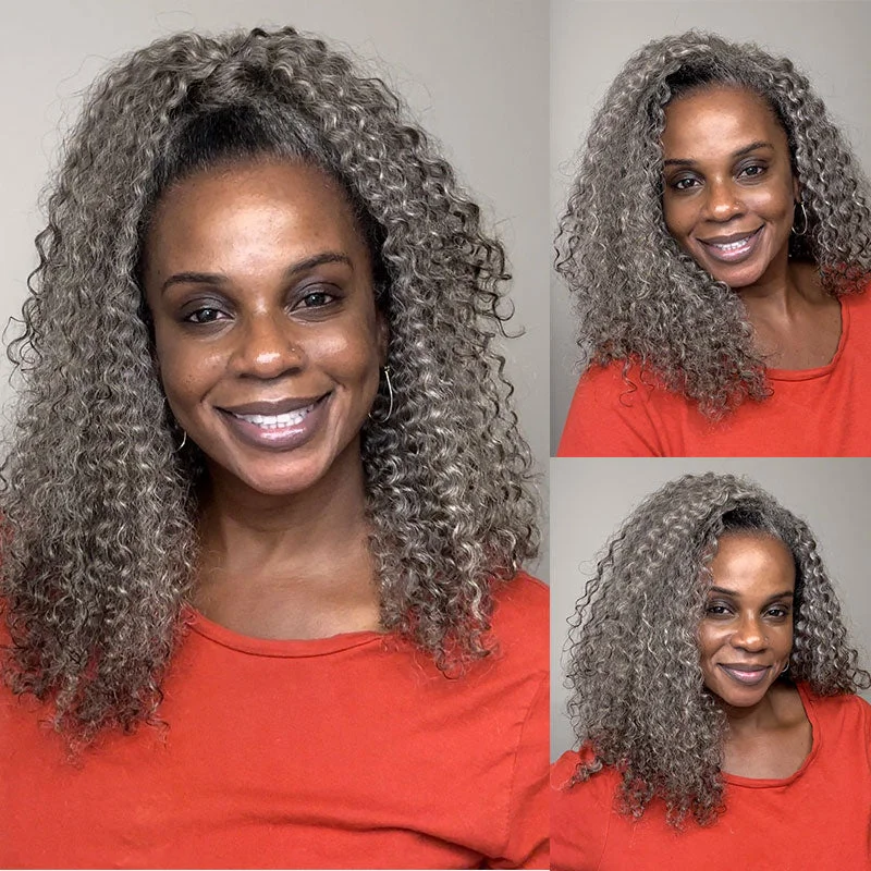 real person hair ring road treasure-Standard Salt & Pepper Kinky Curly 3 In 1 Half Wig Beginner Friendly Glueless 3/4 Wig 100% Human Hair