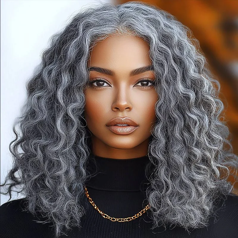 real person hair ring tailored craft-Timeless Salt & Pepper 13x4.5 Lace Full Frontal Wig Water Wave Human Hair Gray Wig For Women