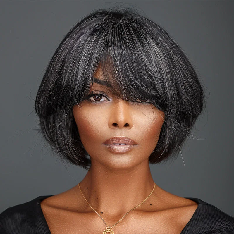 real person hair ring email craft-Trendy Dark Salt and Pepper Natural Straight Wavy Bob Wear Go Glueless Human Hair Wigs With Bangs For Women Over 50