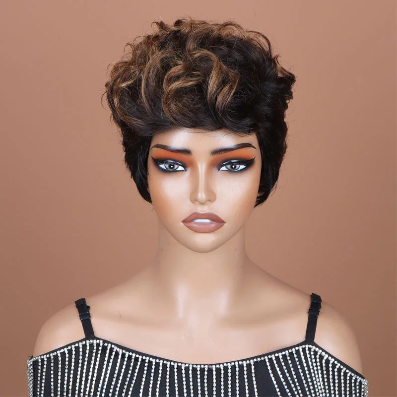 real person hair ring story craft-Two-Toned Edgy Pixie Haircut With Brown Highlight Layers Natural Wave Human Hair Wear Go Glueless Wig